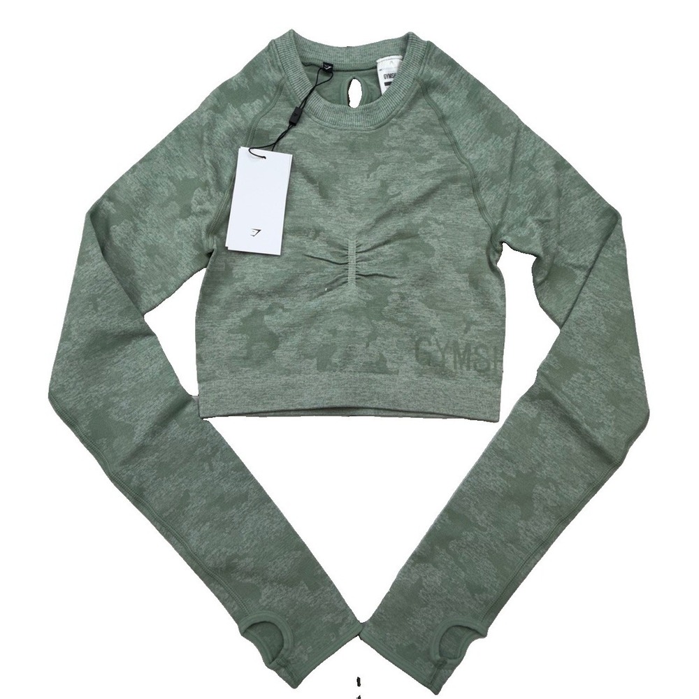 NWT Gymshark Camo Seamless Crop Top Sage Green Size Small Yoga Performance - Picture 1 of 10